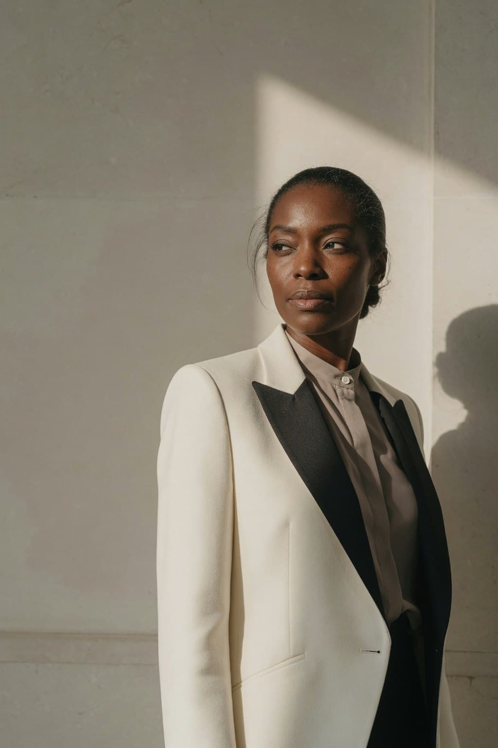 A cream tailored suit against a sunlit stone wall, cut by a hard diagonal shadow - rendered by McLeuker AI