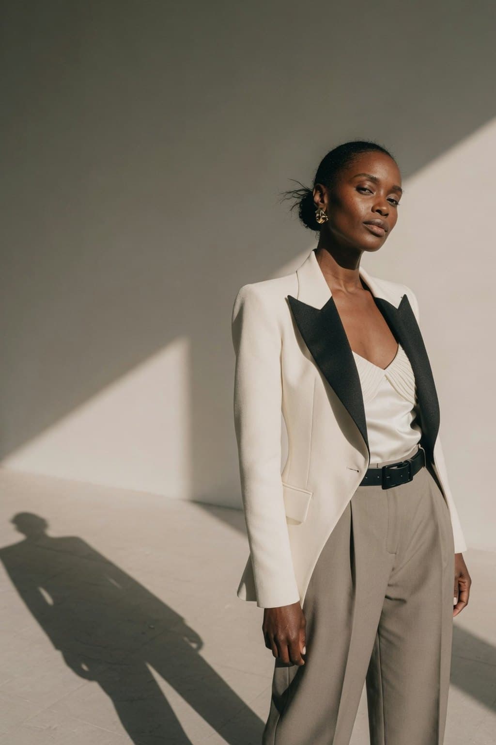 A cream tailored suit against a sunlit stone wall, cut by a hard diagonal shadow - rendered by McLeuker AI