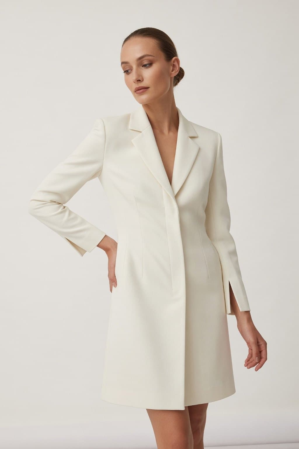 A cream belted shirt-dress photographed full length on a plain studio sweep - rendered by McLeuker AI