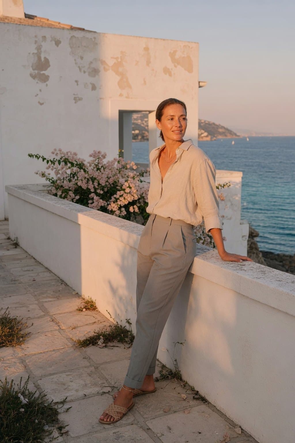 Linen shirt and wide trousers on a whitewashed terrace above the sea at golden hour - rendered by McLeuker AI