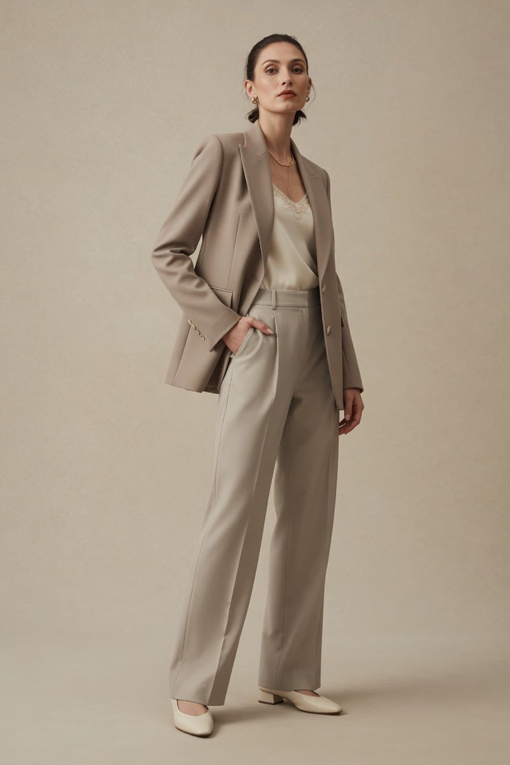 A taupe tailored trouser suit shot full length on a warm seamless ground - rendered by McLeuker AI