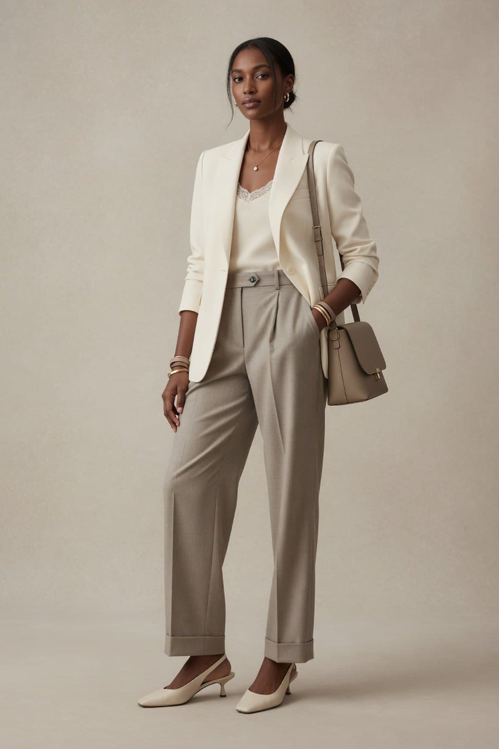 A taupe tailored trouser suit shot full length on a warm seamless ground - rendered by McLeuker AI