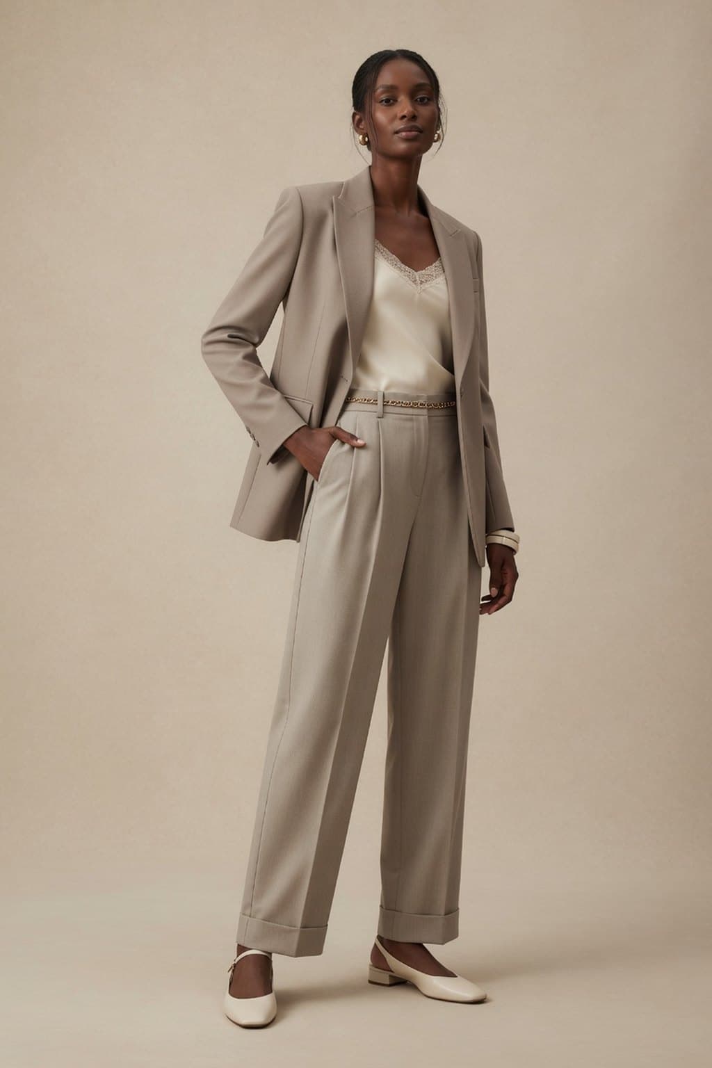A taupe tailored trouser suit shot full length on a warm seamless ground - rendered by McLeuker AI