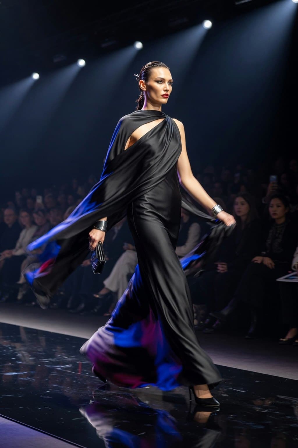 A black one-shoulder gown walking a lit runway past a seated front row - rendered by McLeuker AI