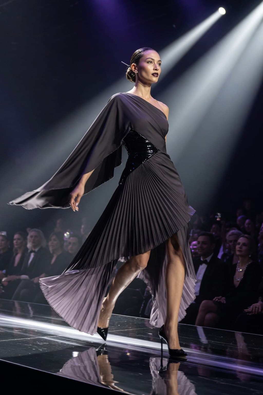 A black one-shoulder gown walking a lit runway past a seated front row - rendered by McLeuker AI