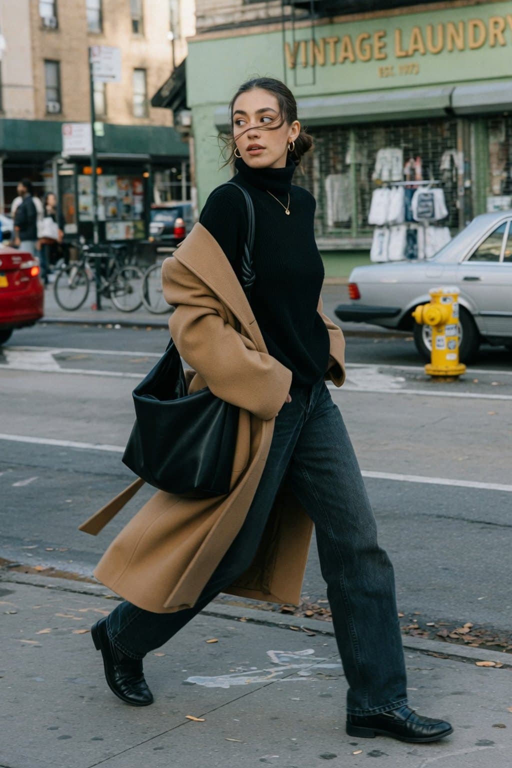 A camel coat over a black roll-neck crossing a New York street past a laundromat - rendered by McLeuker AI