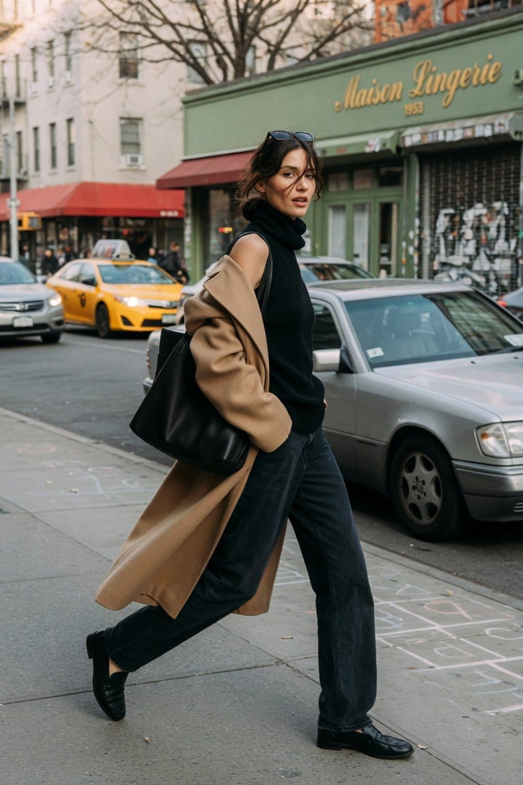 A camel coat over a black roll-neck crossing a New York street past a laundromat - rendered by McLeuker AI