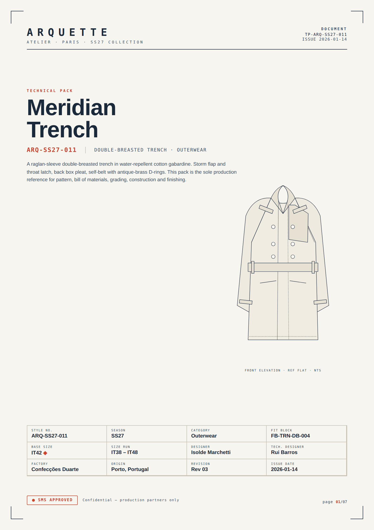 Technical Pack - ARQ-SS27-011 Meridian Trench - page 1, produced by McLeuker AI