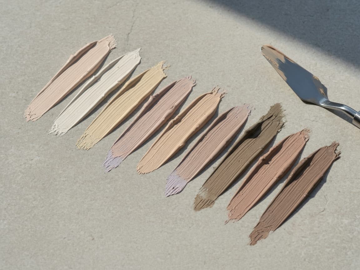 Nine complexion shades swatched in a row on stone, with a palette knife alongside