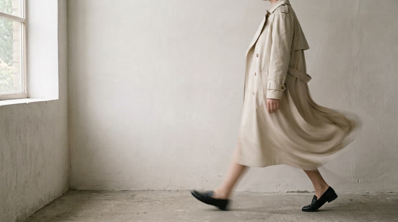 A half-made tailored jacket on a pinned tailor's dummy, basting stitches and raw canvas at the shoulder, unfinished toiles hanging behind
